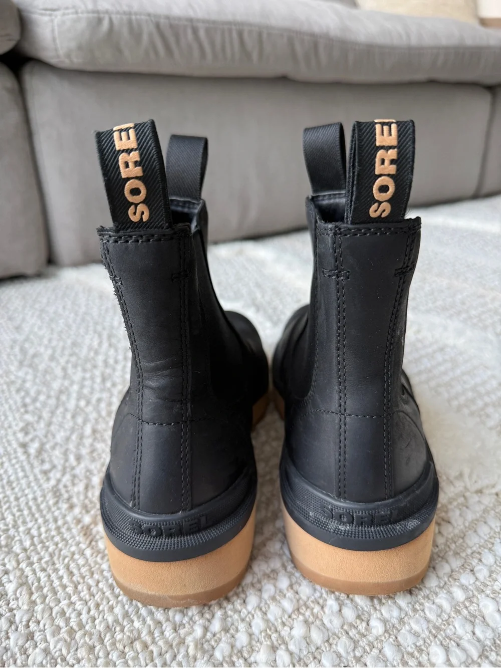 Sorel Black Chelsea Boots with Tan Outsole